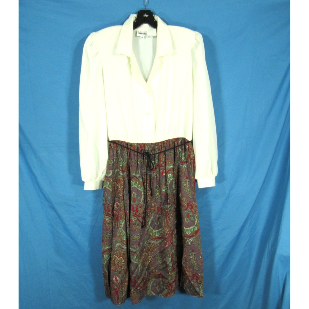 VTG LESLIE FAY PETITE Ivory/Brown CREPE Paisley PLEATED SKIRT Button DRESS 14P